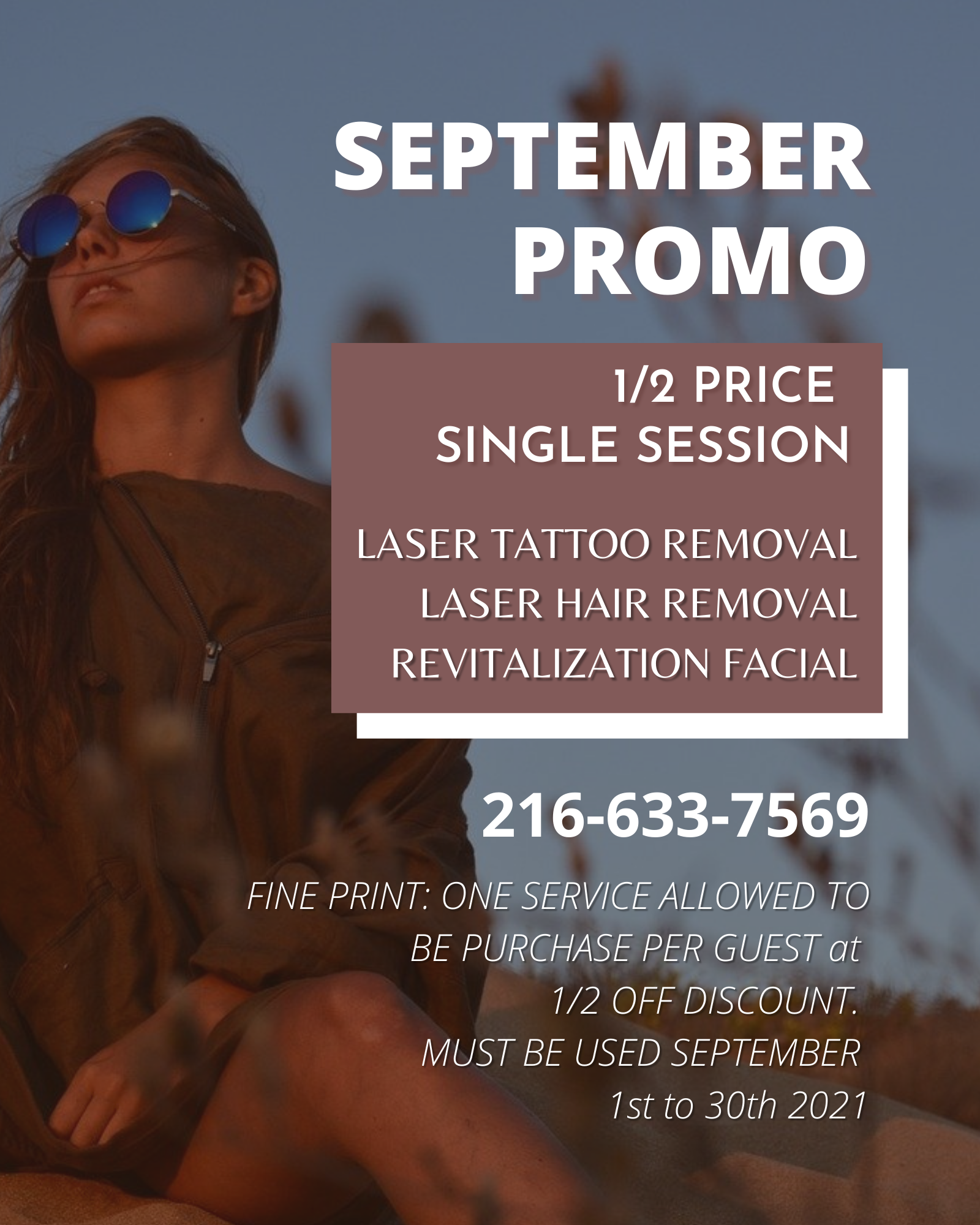 September promotion with picture background of woman wearing sunglasses