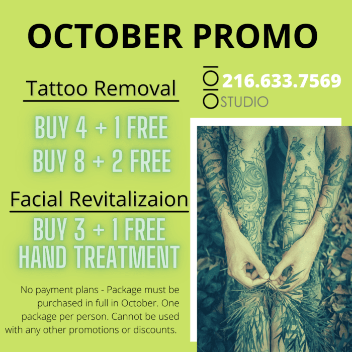 October promotion on lime green with picture of tattooed person sitting down